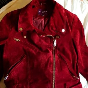 Women's Vigoss 100% Suede Leather Moto Jacket Burgundy Size S